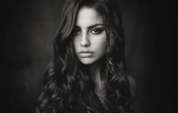 Monochrome, women, portrait, wavy hair, simple background, juicy lips, Michael Schnabl