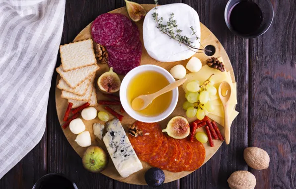 Cheese, grapes, nuts, honey, crackers, Dor blue, salami, figs