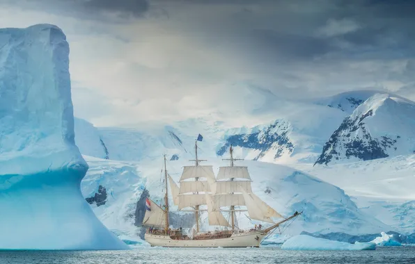 Mountains, ship, sailboat, icebergs, glaciers