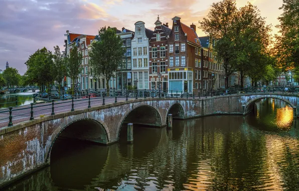 Trees, river, home, the evening, Amsterdam, channel, Netherlands, bridges