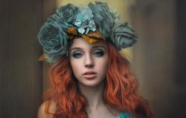 Picture look, girl, flowers, face, portrait, makeup, red, wreath