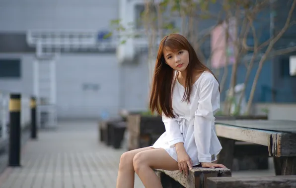 Look, bench, Asian, red hair, white dress, cutie, bokeh, asian