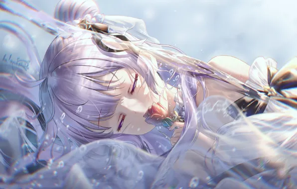 Picture girl, red rose, water drops, closed eyes, bangs, transparent fabric, lilac hair, Azur Lane