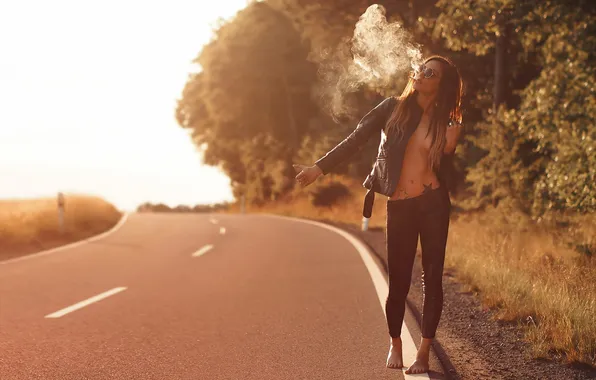 Road, girl, cigarette