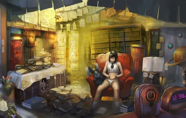 Girl, paper, panties, watch, books, plants, chair, rabbit