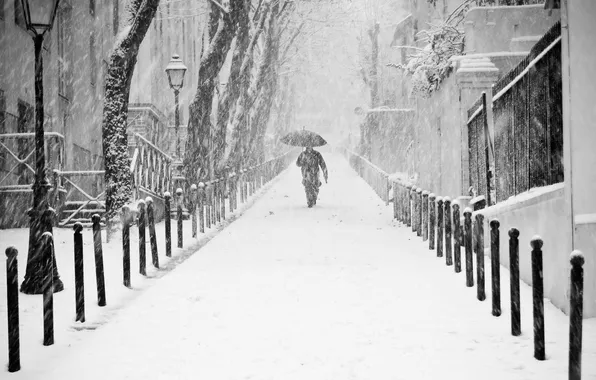 Winter, snow, the city, France, Paris, people, umbrella