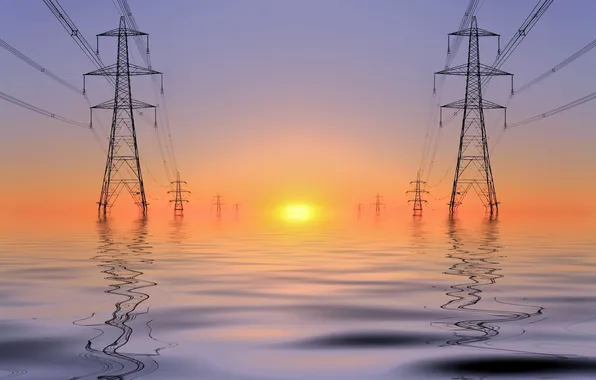 Landscape, sunset, wire, support