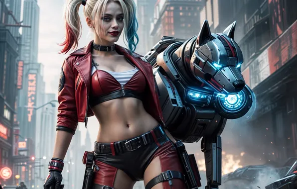Girl, street, dog, cyborg, Harley Quinn, the image is generated by AI
