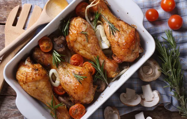 Mushrooms, food, chicken, wood, baked