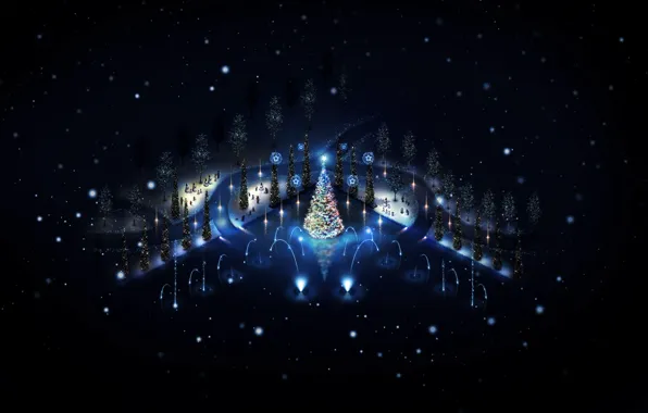 Winter, night, lights, holiday, toys, tree, new year, snowmen