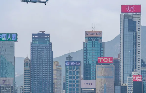 Landscape, building, helicopters, Hong Kong