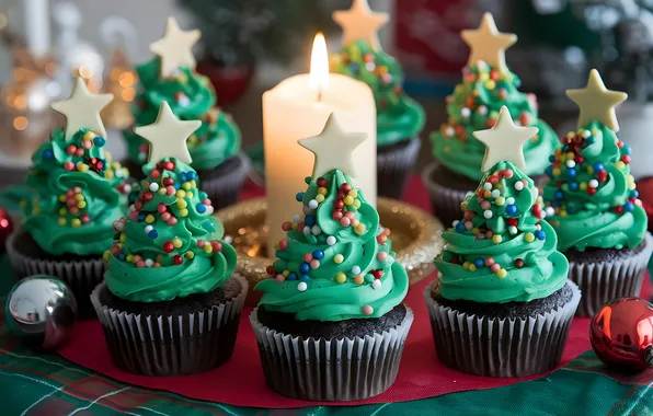 Stars, table, flame, candle, green, Christmas, sweets, New year