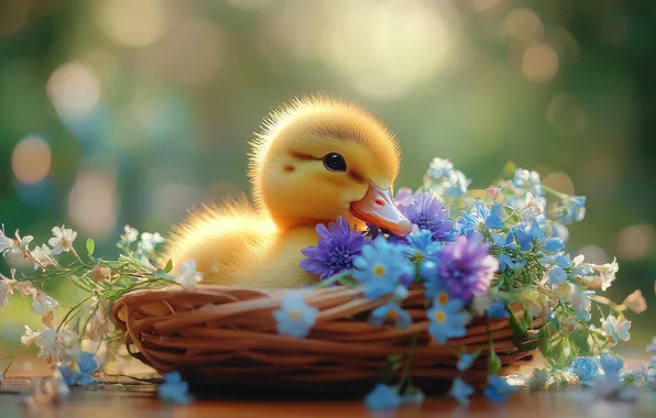 Flowers, bird, network, duck, chick, a bunch, duck, bokeh