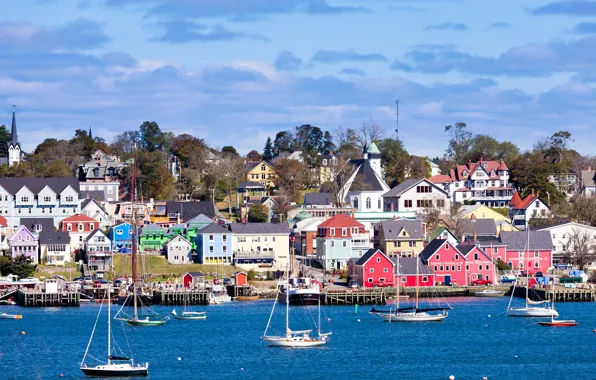 Clouds, trees, shore, boat, home, yacht, pier, Canada