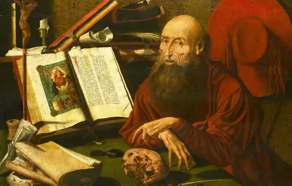 Tree, oil, picture, religion, Saint Jerome, Marinus van Reymerswaele