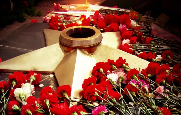 Flowers, star, May 9, victory day, eternal flame