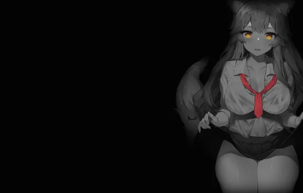 Girl, anime, tie, black background, big Breasts, short skirt