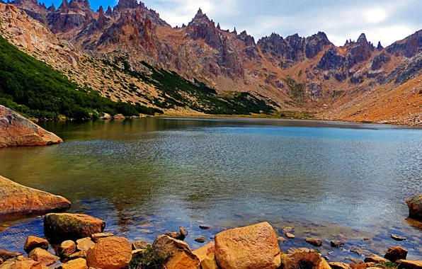 Mountains, lake, stones, rocks, shore, Argentina, Patagonia