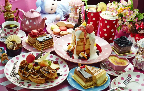 Berries, tea, kettle, cocktail, cake, cake, waffles, cuts