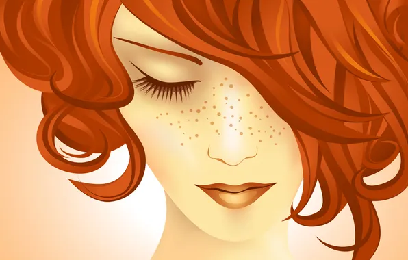 Picture girl, hair, vector, freckles, red, closed eyes