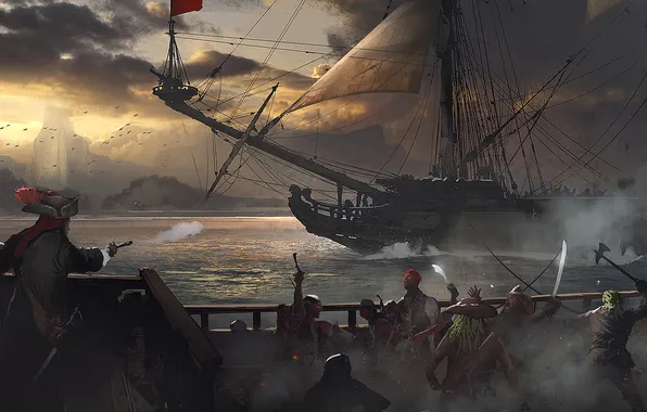 Sea, water, ship, pirates, capture, volley, swords, muskets
