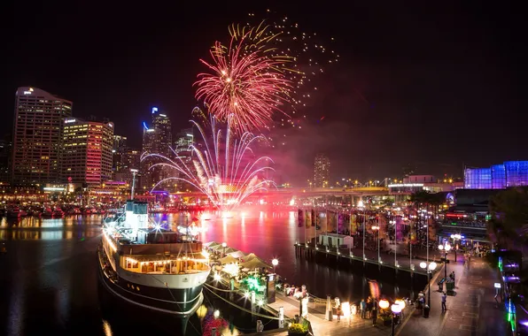Night, ship, Marina, port, Sydney, the fireworks