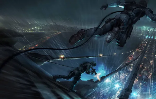 Picture night, bridge, the city, weapons, rain, soldiers, landing, tom clancys rainbow 6