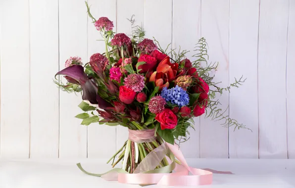 Roses, tape, tulips, tulips, Calla lilies, hyacinths, bouquets