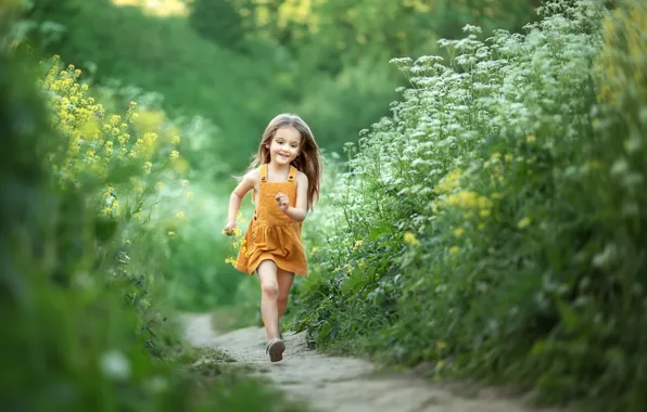 Summer, happiness, childhood, hair, girl, path, sundress