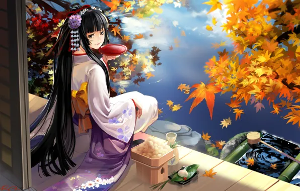 Autumn, girl, lake, geisha