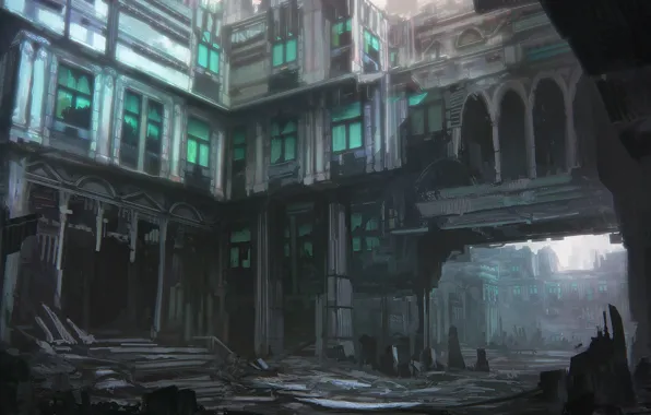 Windows, home, arch, architecture, desolation, gloomy city, mood sketch