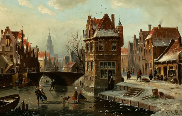 Dutch painter, Dutch artist, oil on canvas, Johannes Franciscus Spohler, Scene on the canal with …