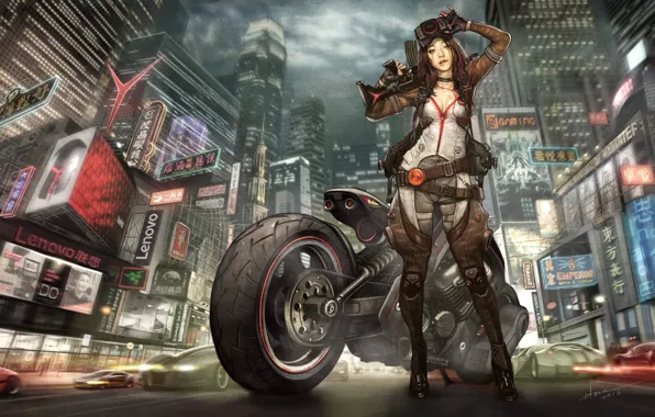 Girl, The city, Asian, Girl, Motorcycle, City, Moto, Weapons