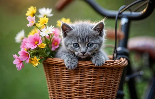 Cat, summer, look, flowers, bike, pose, kitty, grey