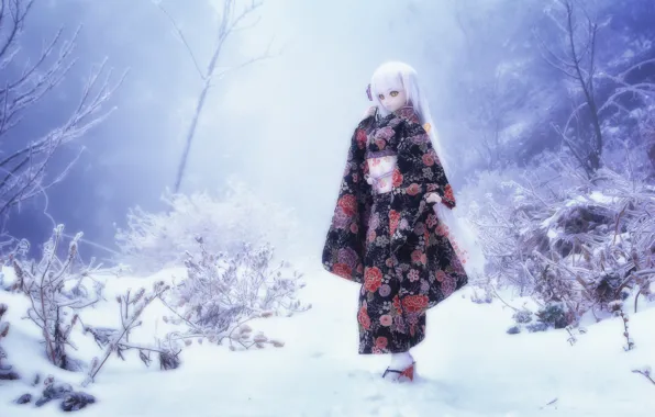 Picture winter, snow, nature, toy, doll, blonde