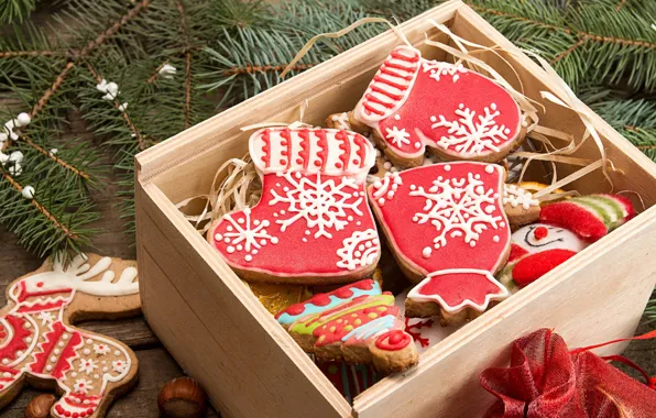 Branches, Board, cookies, Christmas, New year, snowman, box, herringbone