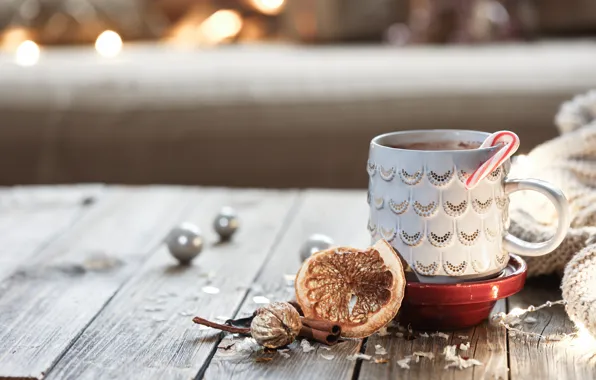 Lights, Board, Christmas, mug, cane, New year, citrus, drink
