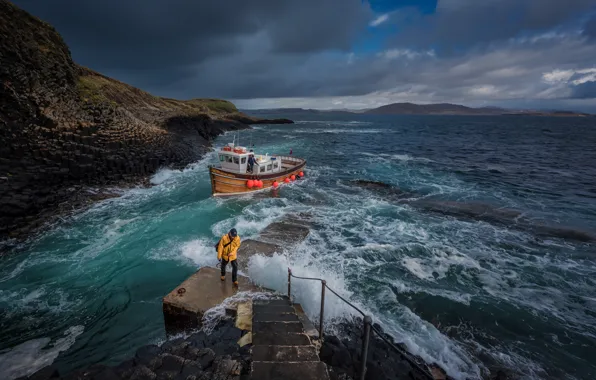 Picture sea, landscape, clouds, rocks, pier, Scotland, boat, harbour