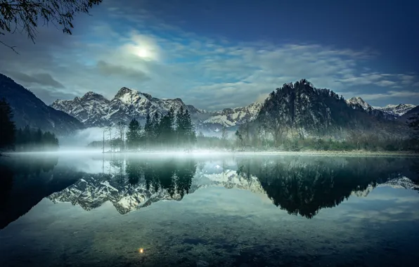 Trees, mountains, lake, reflection, morning, Austria, Alps, Austria