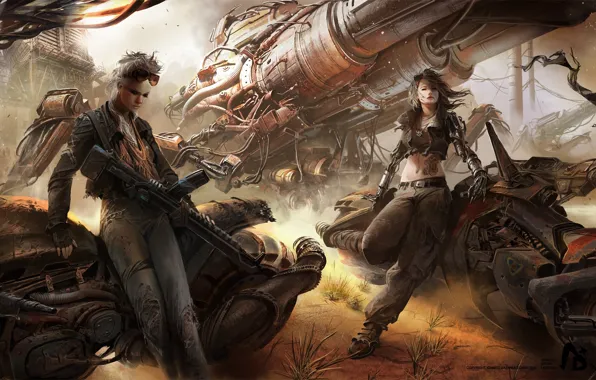 Picture weapons, girls, motorcycles, art, machine, stimpak