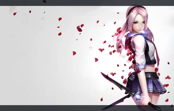 Look, girl, pose, weapons, magic, petals, art