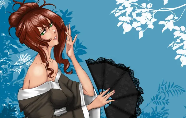Picture look, girl, background, hair, hands, fan, art, hairstyle
