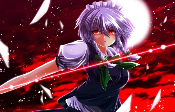 Girl, fragments, the moon, art, red eyes, touhou, izayoi sakuya, nekominase