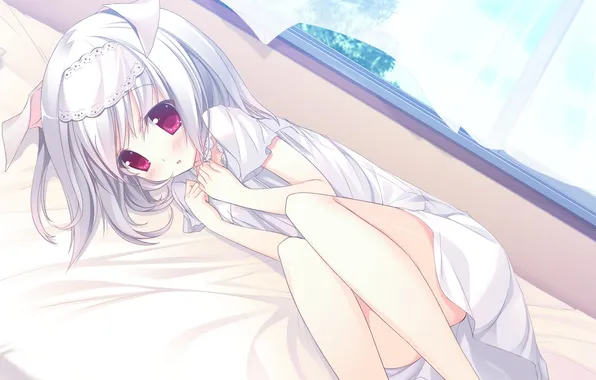 Anime, blush, bed, game cg, shiro, shiro no cook oho live sama