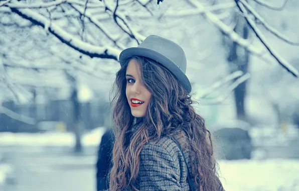 Picture winter, girl, snow, branches, smile, hat, brown hair, long-haired