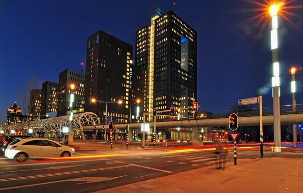 Road, lights, street, building, home, the evening, crossroads, lamp