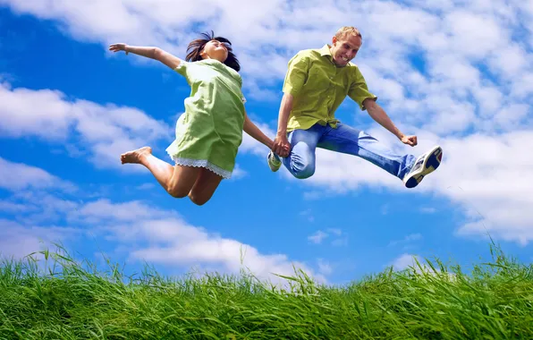 The sky, grass, girl, joy, mood, jump, guy