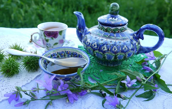 Tea, honey, Cup, still life, bells, teapot