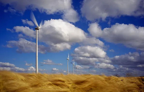 Field, clouds, wind turbine, wind, wheat field