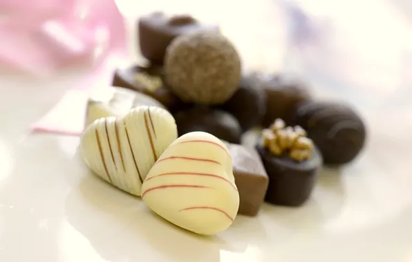 White, dark, chocolate, candy, hearts, sweets, nuts, dessert